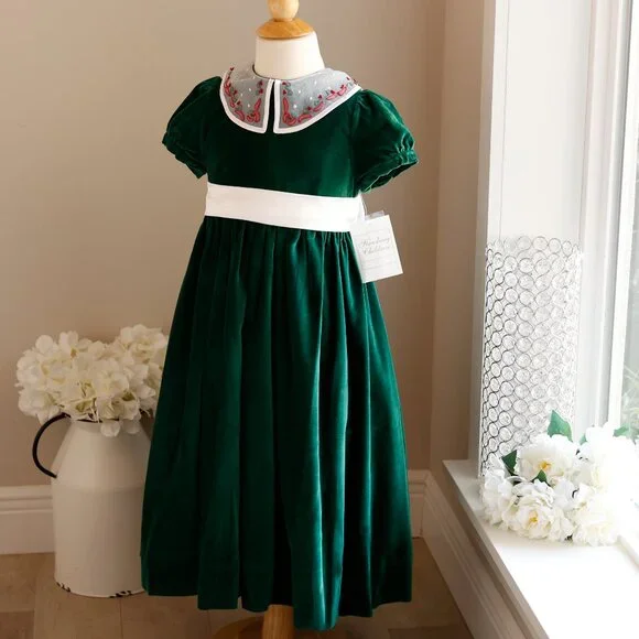 Strasburg Green Dress Cotton Velvet Organza Collar Satin Sash Size 5 NWT - Picture 5 of 6